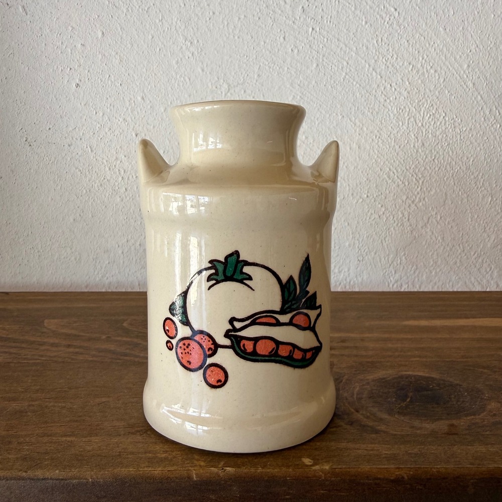 Vintage Style Ceramic Milk Can Bud Vase Vegetable Garden Motif Cream